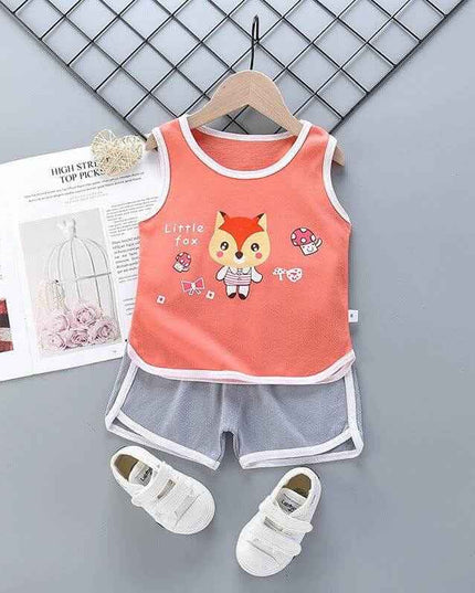 Pure cotton suit for boys and girls with sleeveless top and cartoon pattern, perfect for summer.