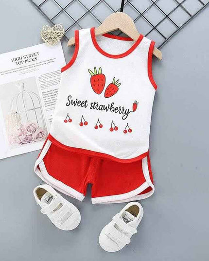 Pure cotton suit for boys and girls with strawberry print, sleeveless top, red shorts, and matching shoes.