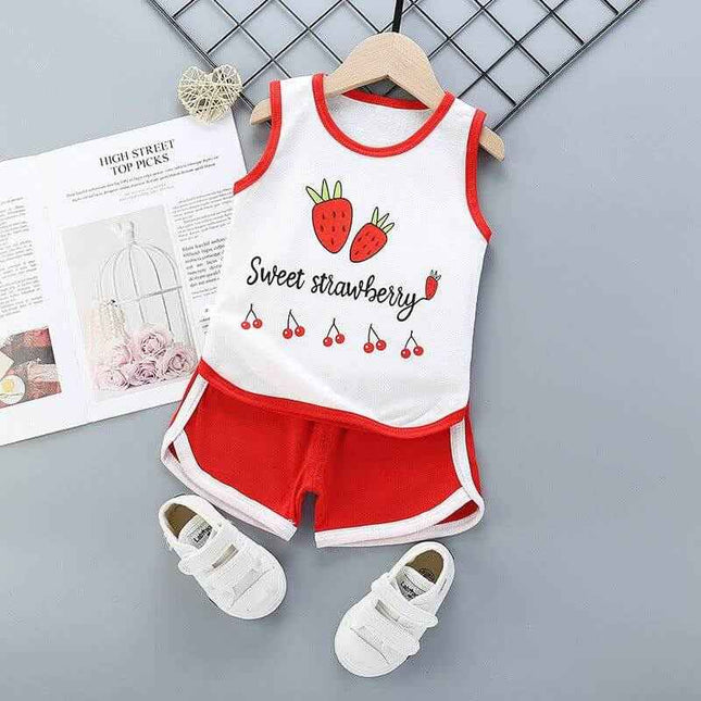 Pure cotton suit for boys and girls with strawberry print, sleeveless top, red shorts, and matching shoes.