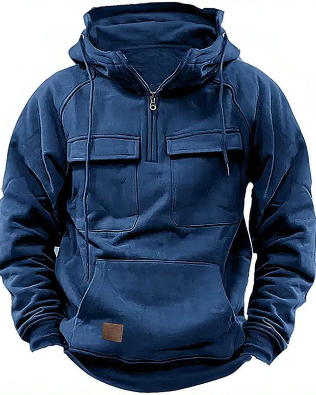 New Men's Hooded Solid Color Multi Pocket Patch Hoodie