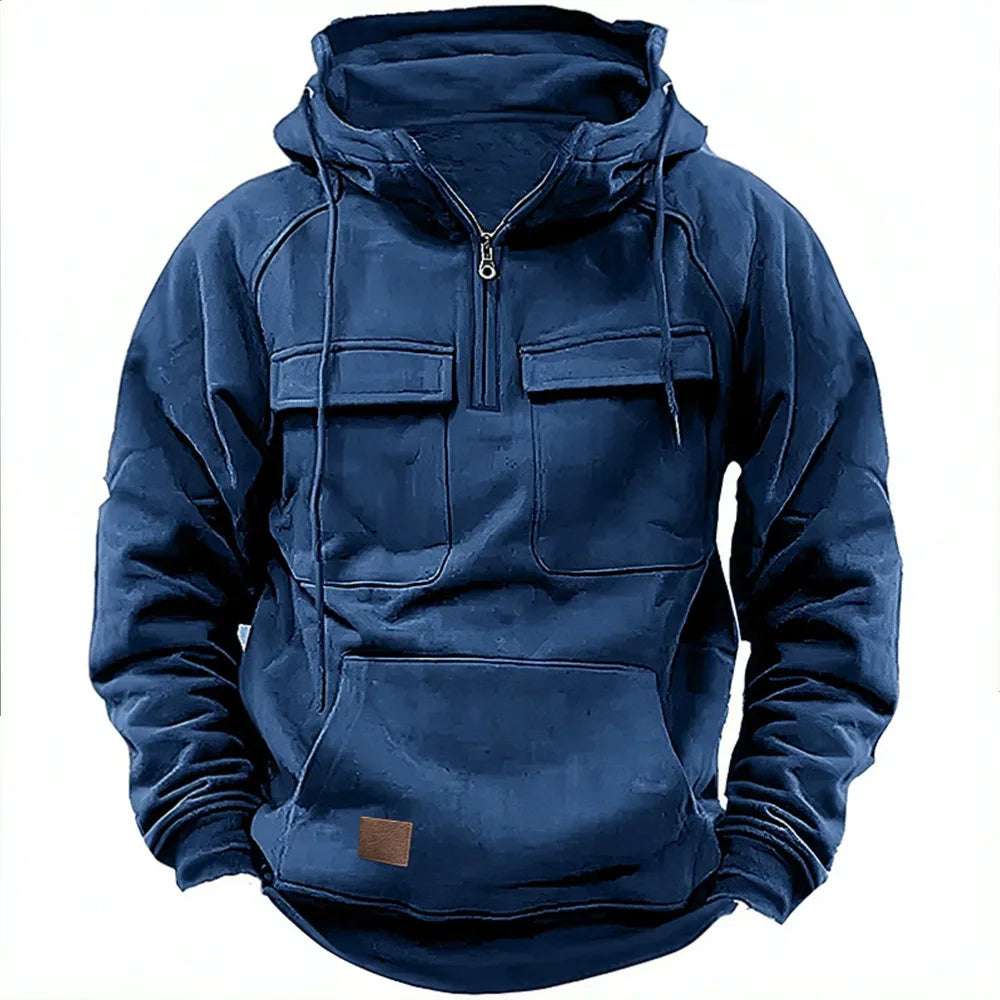 New Men's Hooded Solid Color Multi Pocket Patch Hoodie - Plush Fashion Shop #