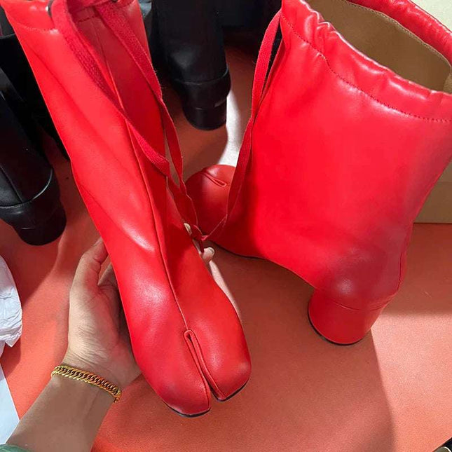 Red Split Toe Chunky High Heel Winter Short Ankle Boots Women