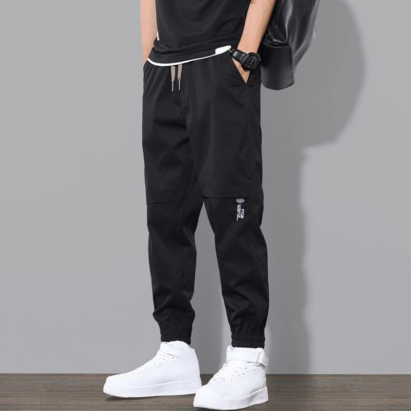 Men Pants Solid Color Elastic Waist Men Trousers Drawstring Ankle-banded Cargo Pants For Daily Wear Casual - Plush Fashion Shop #