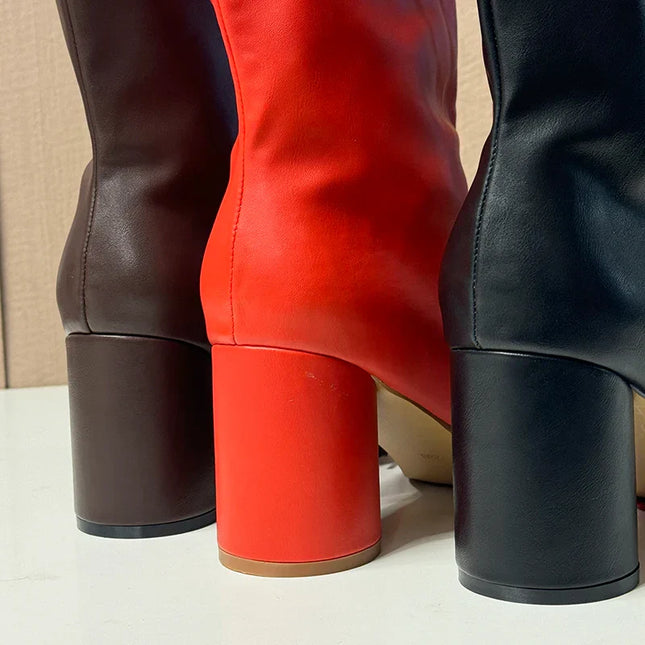 Red Split Toe Chunky High Heel Winter Short Ankle Boots Women