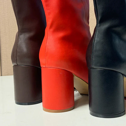 2025 Chunky High Heel  Women Boots Winter Short Ankle Boots Slip-On Designer High Boots Real Leather.