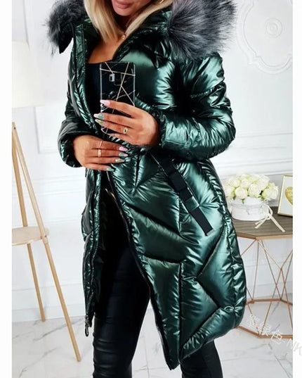 Ladies Mid-Length Zipper Trendi Glossy Parkas Outwear Big Fur Collar Slim Fit Thermal  Coat