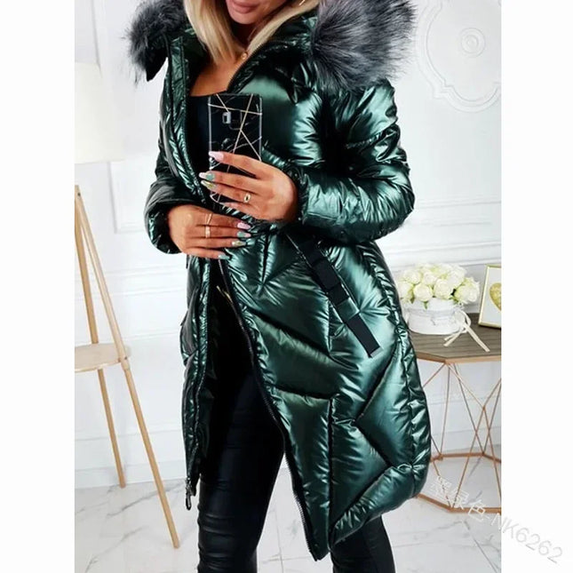 Ladies Mid-Length Zipper Trendi Glossy Parkas Outwear Big Fur Collar Slim Fit Thermal  Coat