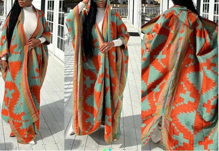 Women's New Stylish Printed Long Warm  Plus Size Blogger Rich Lady Loose Open Front Kimonos With Caps - Plush Fashion Shop #