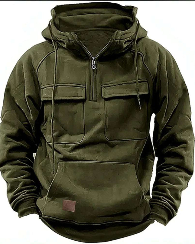 New Men's Hooded Solid Color Multi Pocket Patch Hoodie