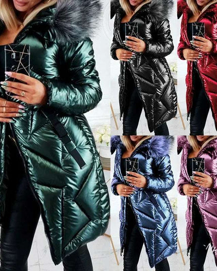 Ladies Mid-Length Zipper Trendi Glossy Parkas Outwear Big Fur Collar Slim Fit Thermal  Coat