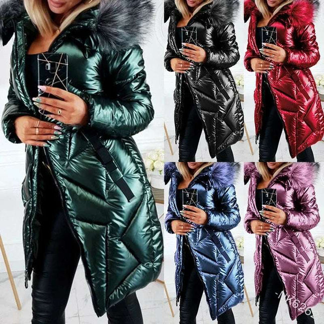 Ladies Mid-Length Zipper Trendi Glossy Parkas Outwear Big Fur Collar Slim Fit Thermal  Coat