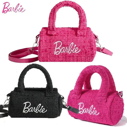 Women Fashion Pillow Barbie Hand Bags in pink and black, Kawaii accessories, cylindrical shape.