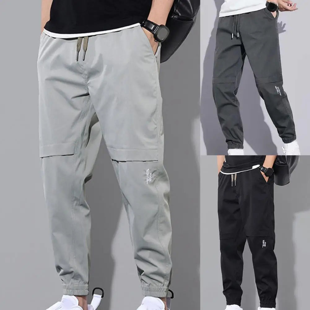 Men Pants Solid Color Elastic Waist Men Trousers Drawstring Ankle-banded Cargo Pants For Daily Wear Casual - Plush Fashion Shop #