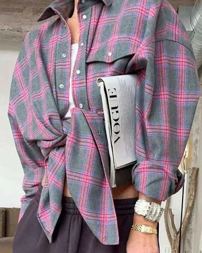 Winter Women Oversized Plaid Vintage Long Sleeve Loose Fit Shirt