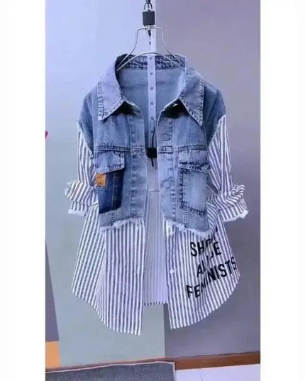 New Design Sense Stitching Women Fashion Striped Denim Jacket - Plush Fashion Shop #