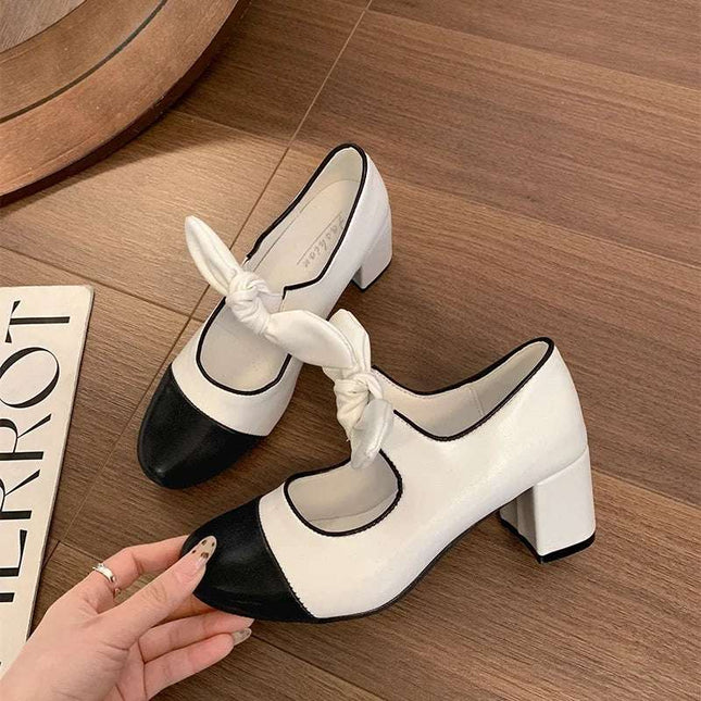 Luxury Designer  Women Fashion Shallow Butterfly-knot Shoes Vintage Thick Heels Shoes