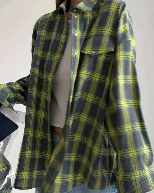 Winter Women Oversized Plaid Vintage Long Sleeve Loose Fit Shirt