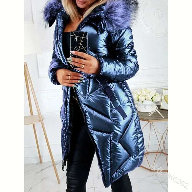 Ladies Mid-Length Zipper Trendi Glossy Parkas Outwear Big Fur Collar Slim Fit Thermal  Coat