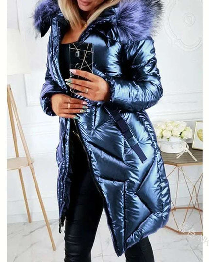 Ladies Mid-Length Zipper Trendi Glossy Parkas Outwear Big Fur Collar Slim Fit Thermal  Coat