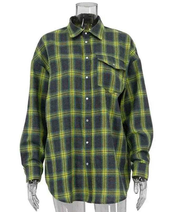 Winter Women Oversized Plaid Vintage Long Sleeve Loose Fit Shirt