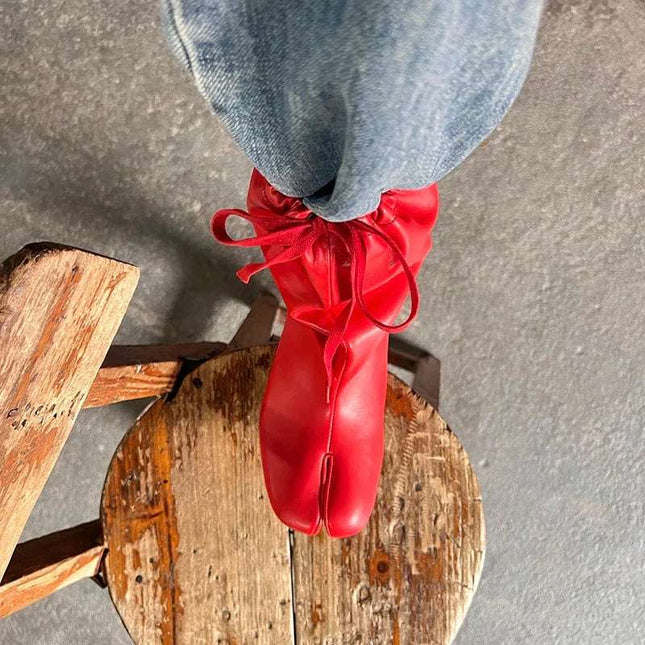 Red Split Toe Chunky High Heel Winter Short Ankle Boots Women