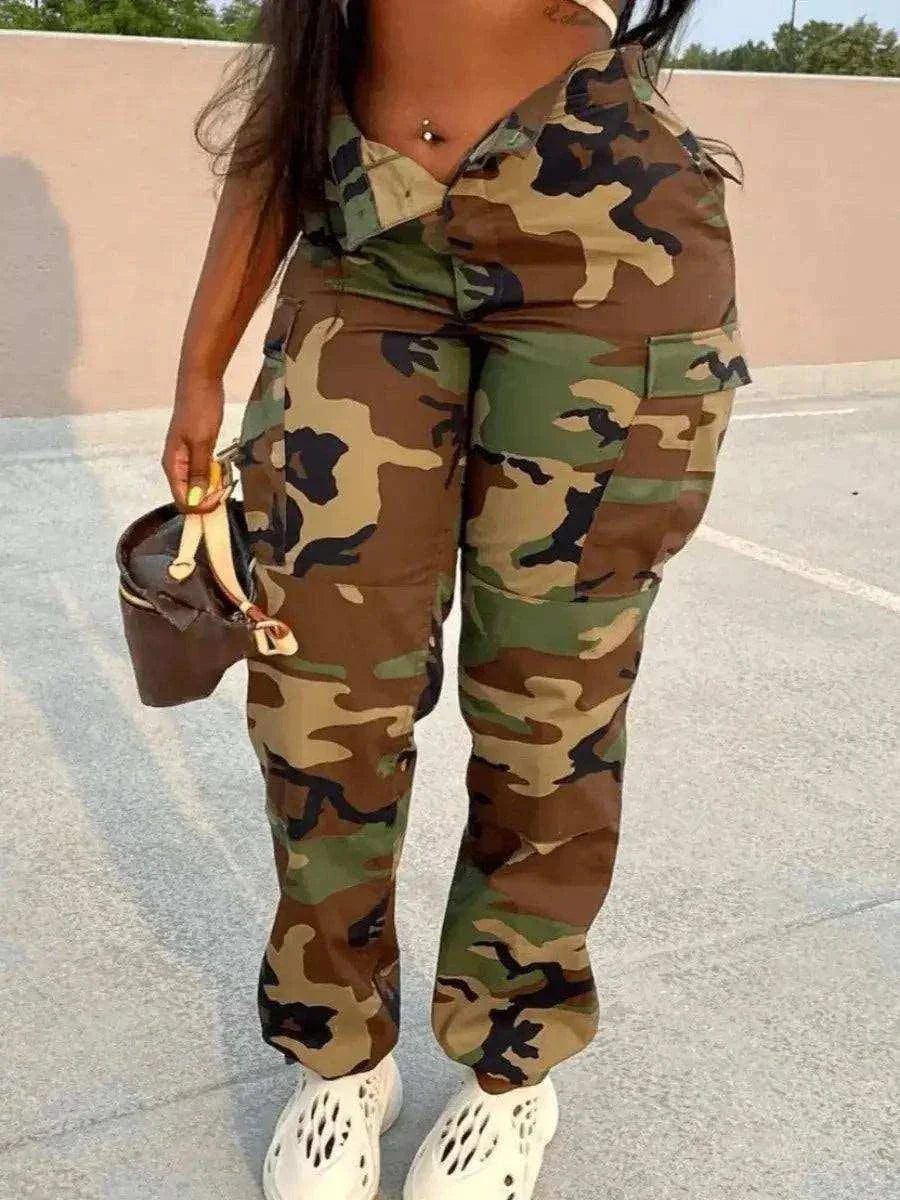 Camo Print Side Pocket Cargo Pants for Women, stylish and functional.