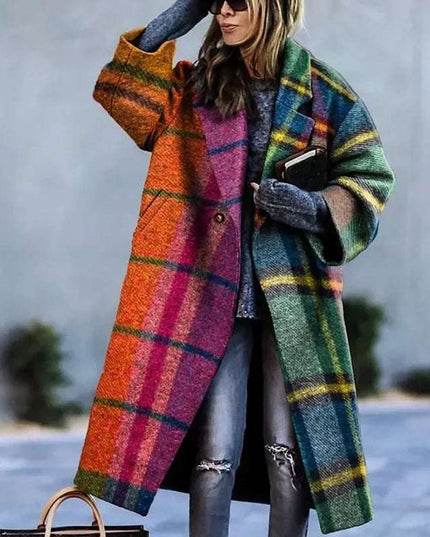 2024 New Women's Tweed Contrast Color Plaid Loose Fit  Winter Fashion Casual Trench Coat - Plush Fashion Shop #