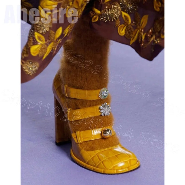 Crystal Flower Yellow Alligator Print Runway Slip On Pumps For Women S - Plush Fashion Shop #