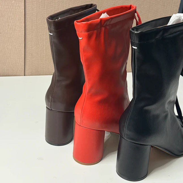 Red Split Toe Chunky High Heel Winter Short Ankle Boots Women