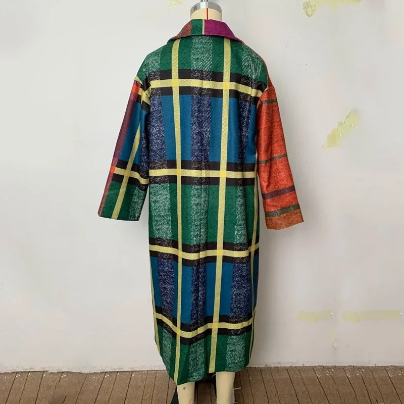 2024 New Women's Tweed Contrast Color Plaid Loose Fit  Winter Fashion Casual Trench Coat.