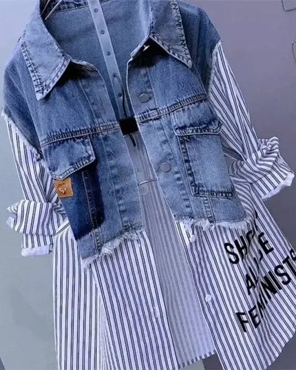 New Design Sense Stitching Women Fashion Striped Denim Jacket - Plush Fashion Shop #