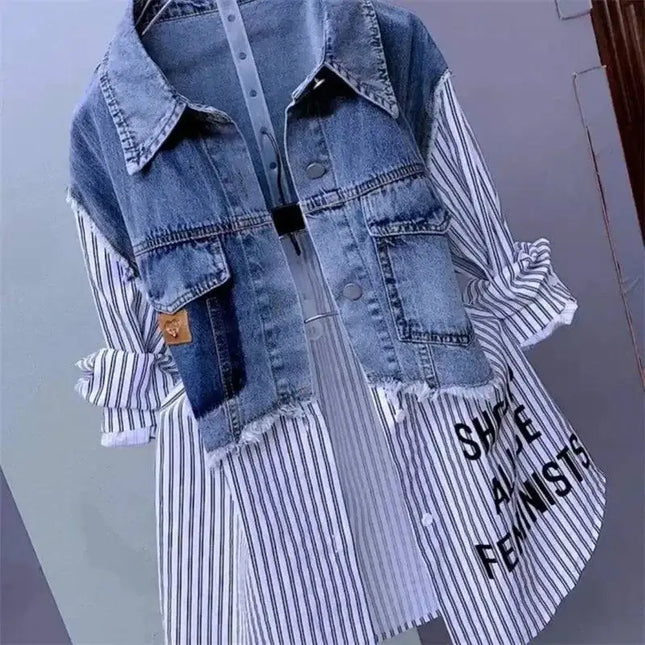 New Design Sense Stitching Women Fashion Striped Denim Jacket - Plush Fashion Shop #