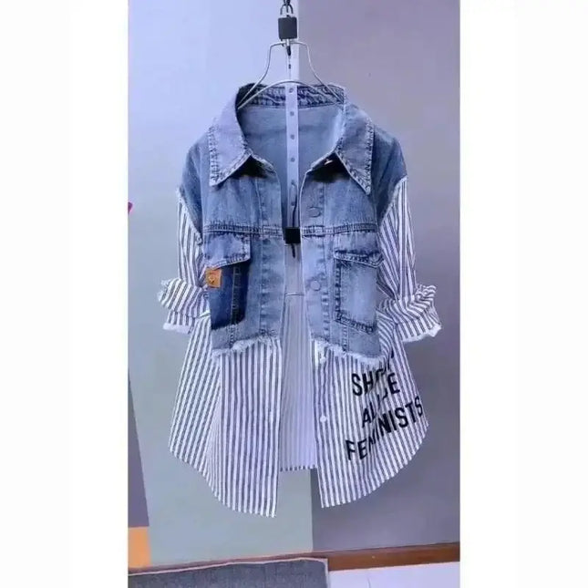 New Design Sense Stitching Women Fashion Striped Denim Jacket - Plush Fashion Shop #