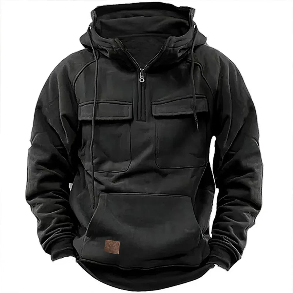 New Men's Hooded Solid Color Multi Pocket Patch Hoodie - Plush Fashion Shop #