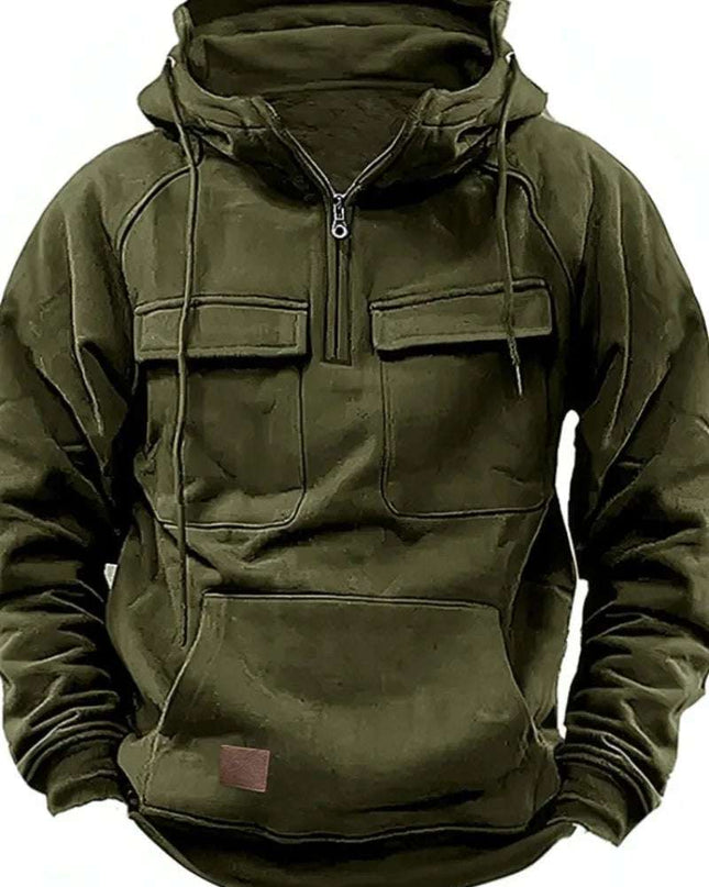 New Men's Hooded Solid Color Multi Pocket Patch Hoodie