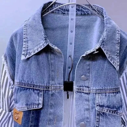 New Design Sense Stitching Women Fashion Striped Denim Jacket - Plush Fashion Shop #