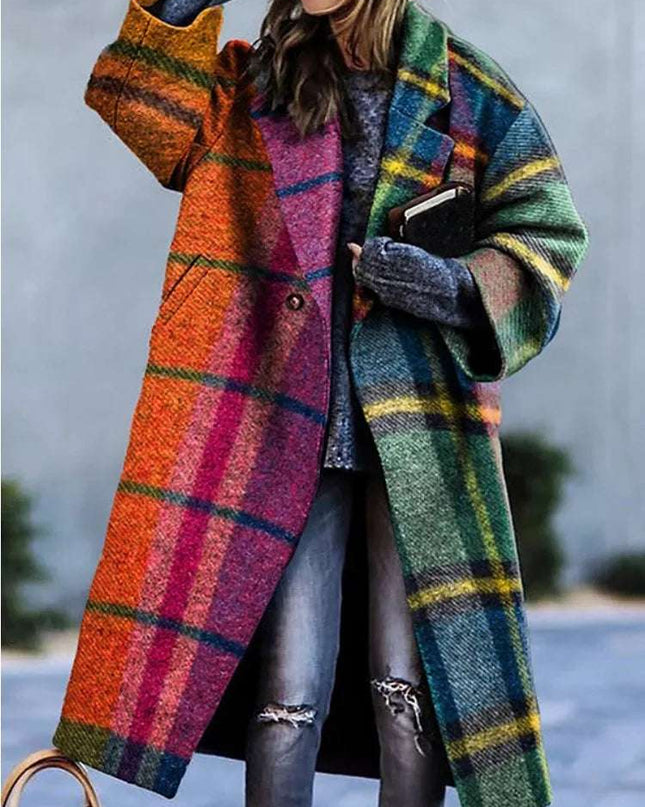 2024 New Women's Tweed Contrast Color Plaid Loose Fit  Winter Fashion Casual Trench Coat - Plush Fashion Shop #