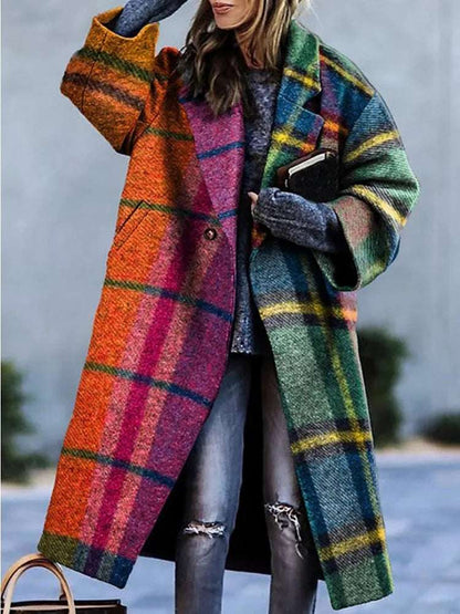 2024 New Women's Tweed Contrast Color Plaid Loose Fit  Winter Fashion Casual Trench Coat - Plush Fashion Shop #