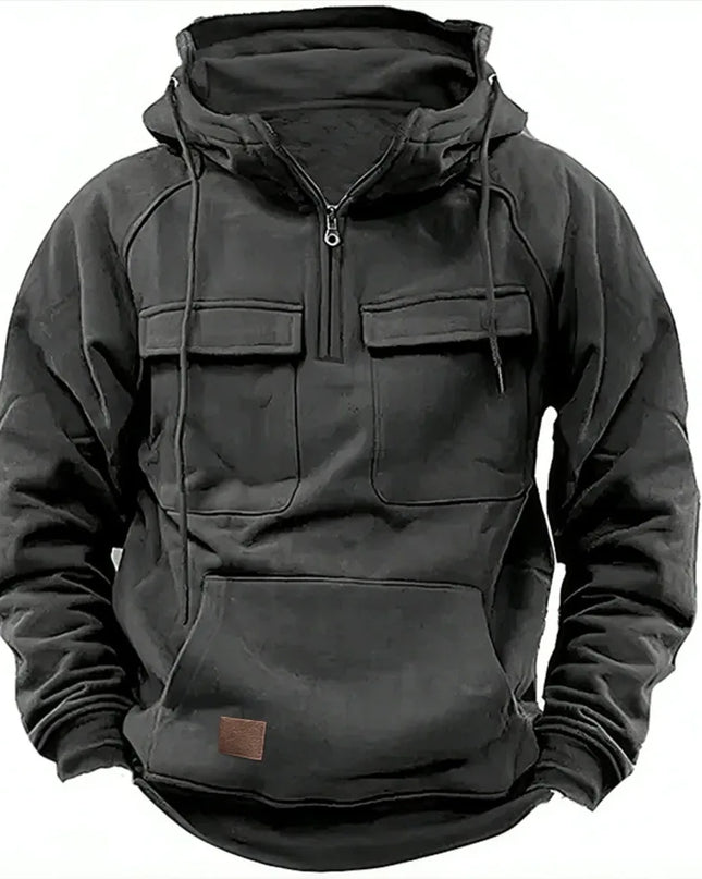 New Men's Hooded Solid Color Multi Pocket Patch Hoodie