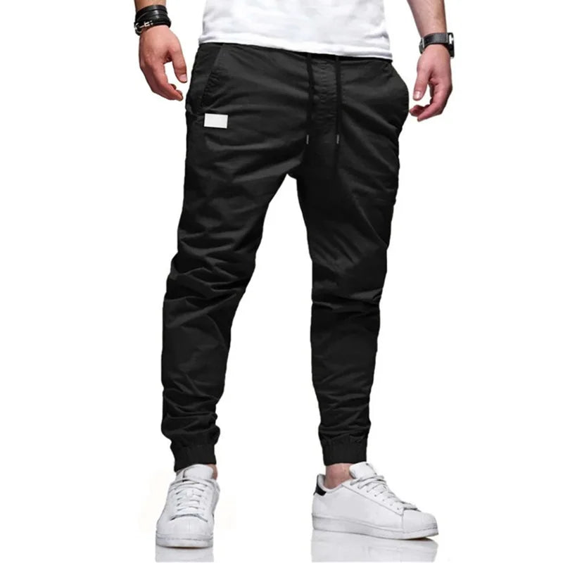 Men Cargo Long Solid Straight  Lace Up Elastic Waist Slim Fit Casual Drawstring Pants - Plush Fashion Shop #