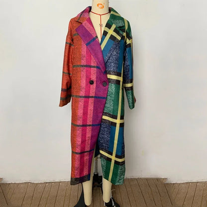 2024 New Women's Tweed Contrast Color Plaid Loose Fit  Winter Fashion Casual Trench Coat.