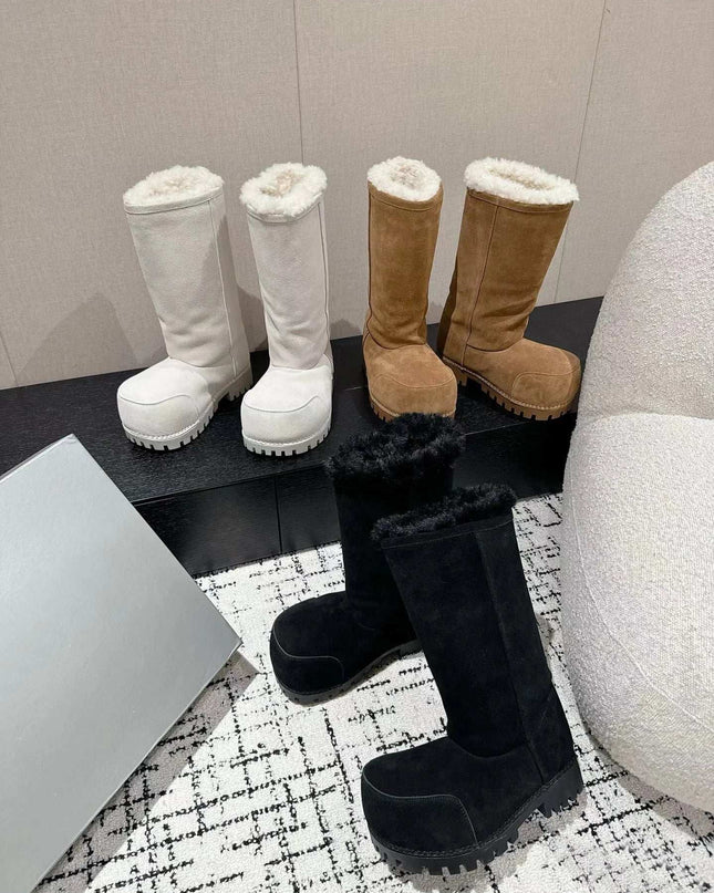 Women's Big Round Toe Suede Fur Knee High Boots Women's 2025 - Plush Fashion Shop #