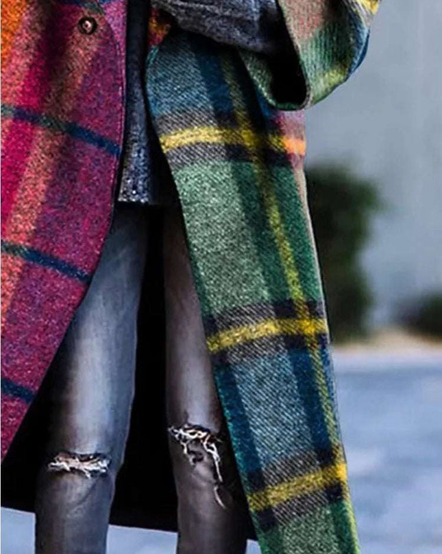 2024 New Women's Tweed Contrast Color Plaid Loose Fit  Winter Fashion Casual Trench Coat - Plush Fashion Shop #