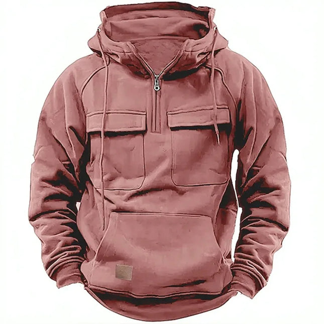 New Men's Hooded Solid Color Multi Pocket Patch Hoodie