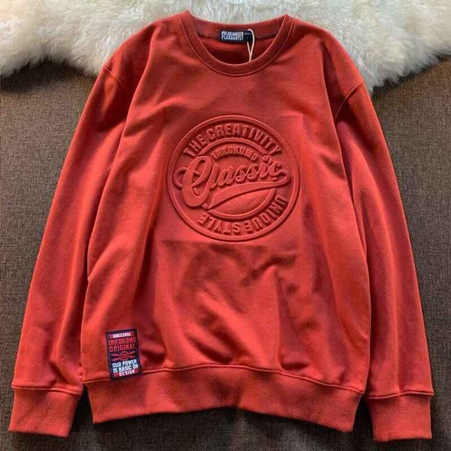 Scale Sweater Concave-convex Round Neck in red with embossed design, long sleeves, cotton fabric, couple's fashion top.