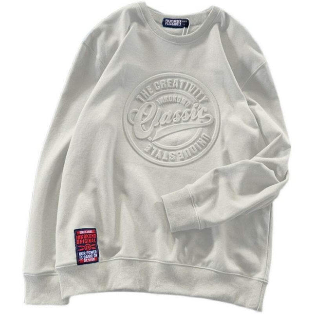 Scale Sweater Concave-convex Round Neck Couple's Tops in white with embossed design and long sleeves.