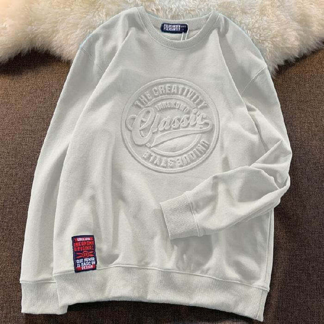 Scale Sweater Concave-convex Round Neck Couple's Top in grey with printed design and long sleeves.