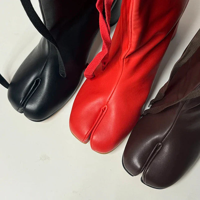 Red Split Toe Chunky High Heel Winter Short Ankle Boots Women