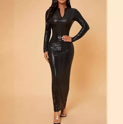 Elastic Tight Front Open Package Hip With A Zipper Long Sleeve Women Dress