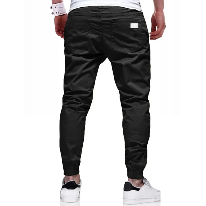 Men Cargo Long Solid Straight  Lace Up Elastic Waist Slim Fit Casual Drawstring Pants - Plush Fashion Shop #